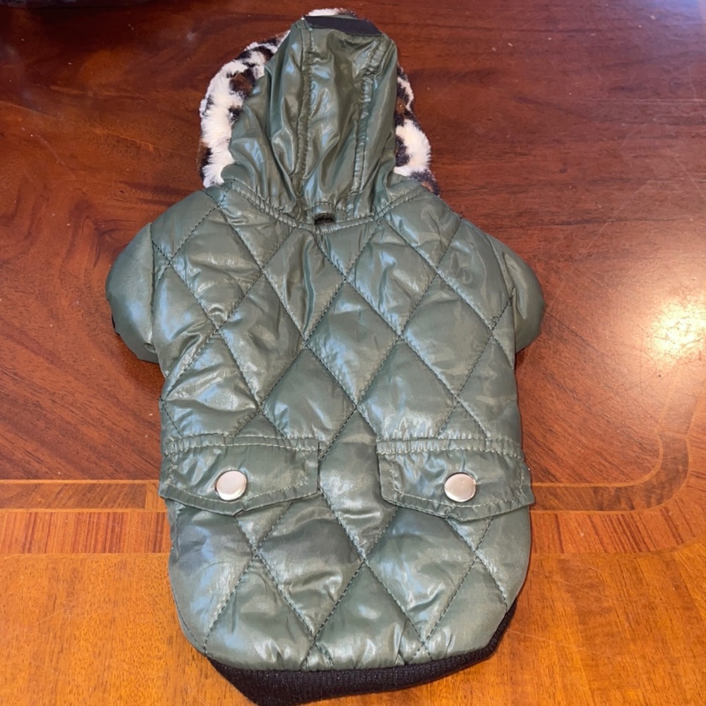 Green Puffy w leopard fur Medium Dog Coat